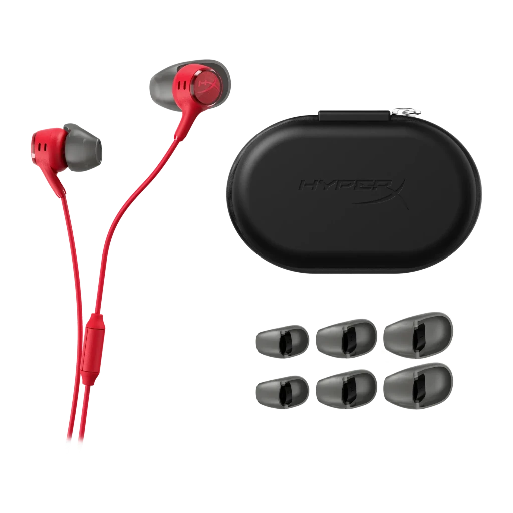 Auriculares gaming HyperX Cloud Earbuds III In-Ear Cable, detalle: auriculares rojos con funda rígida HyperX y 3 pares