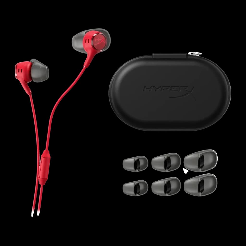 Auriculares gaming HyperX Cloud Earbuds III In-Ear Cable, detalle: auriculares rojos con funda rígida HyperX y 3 pares