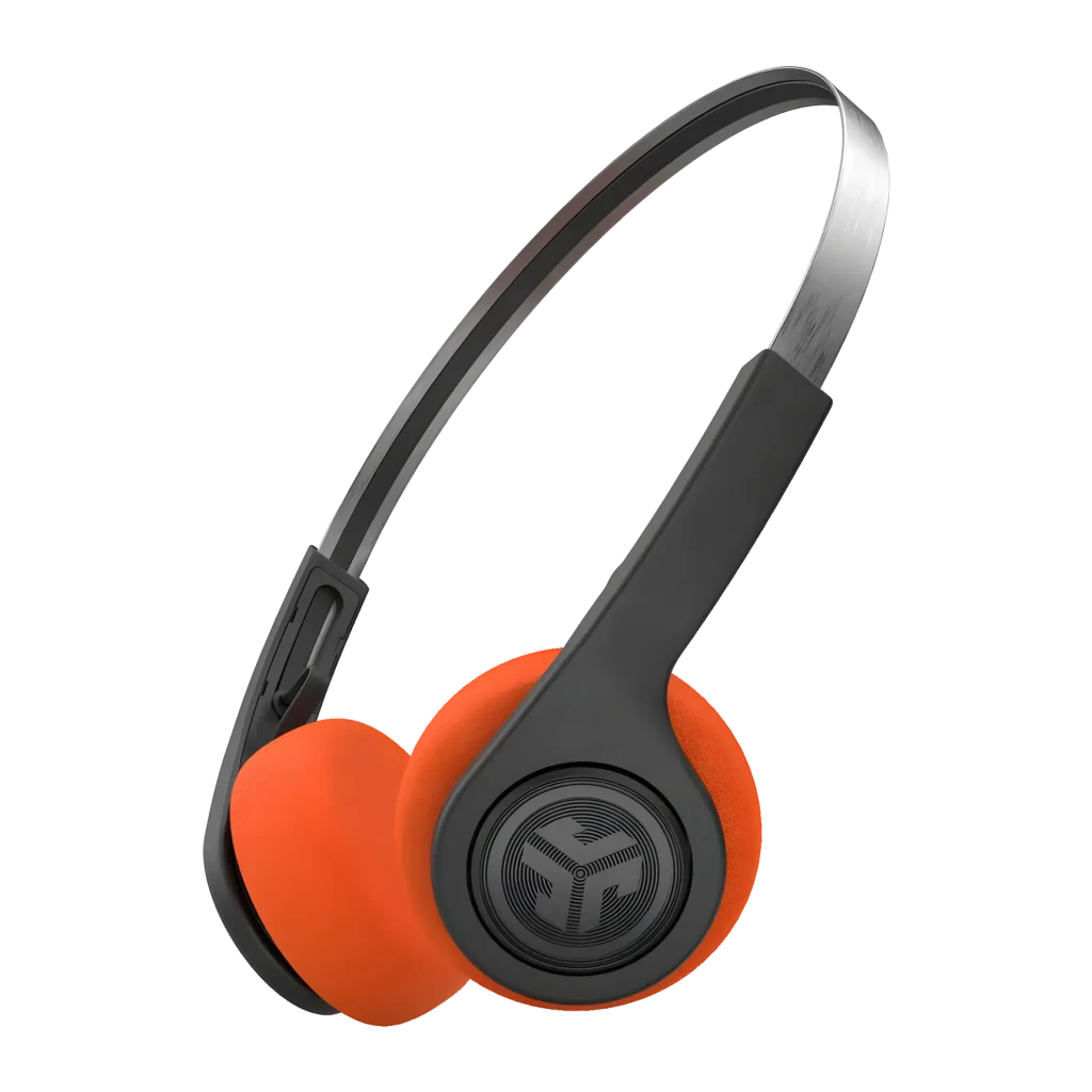 Auriculares JLab Audio Rewind 2 Diadema Bluetooth 5.0 20h, vista lateral: almohadillas naranjas y diadema gris con logo JLab
