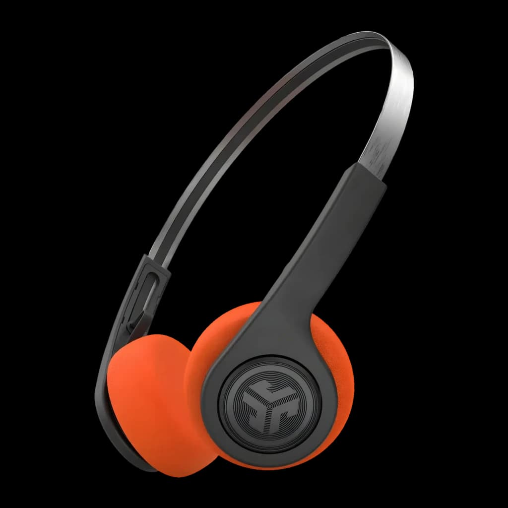 Auriculares JLab Audio Rewind 2 Diadema Bluetooth 5.0 20h, vista lateral: almohadillas naranjas y diadema gris con logo JLab