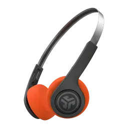 Auriculares JLab Audio Rewind 2 Diadema Bluetooth 5.0 20h, vista lateral: almohadillas naranjas y diadema gris con logo JLab