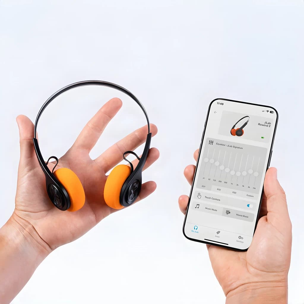 Auriculares JLab Audio Rewind 2 Diadema Bluetooth 5.0 20h, lifestyle: mano sostiene auriculares naranja y negros junto a app