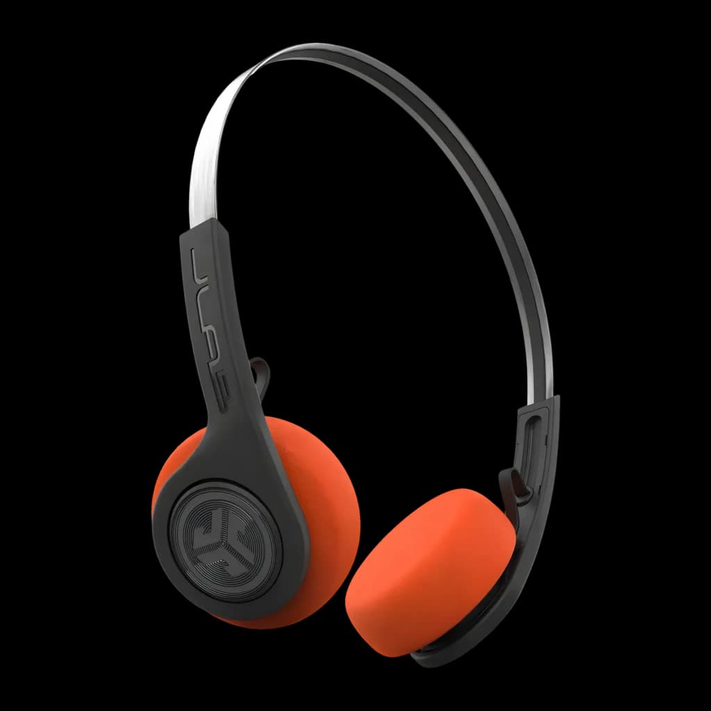 Auriculares JLab Audio Rewind 2 Diadema Bluetooth 5.0 20h, vista lateral: almohadillas naranjas y logo JLab en carcasa negra