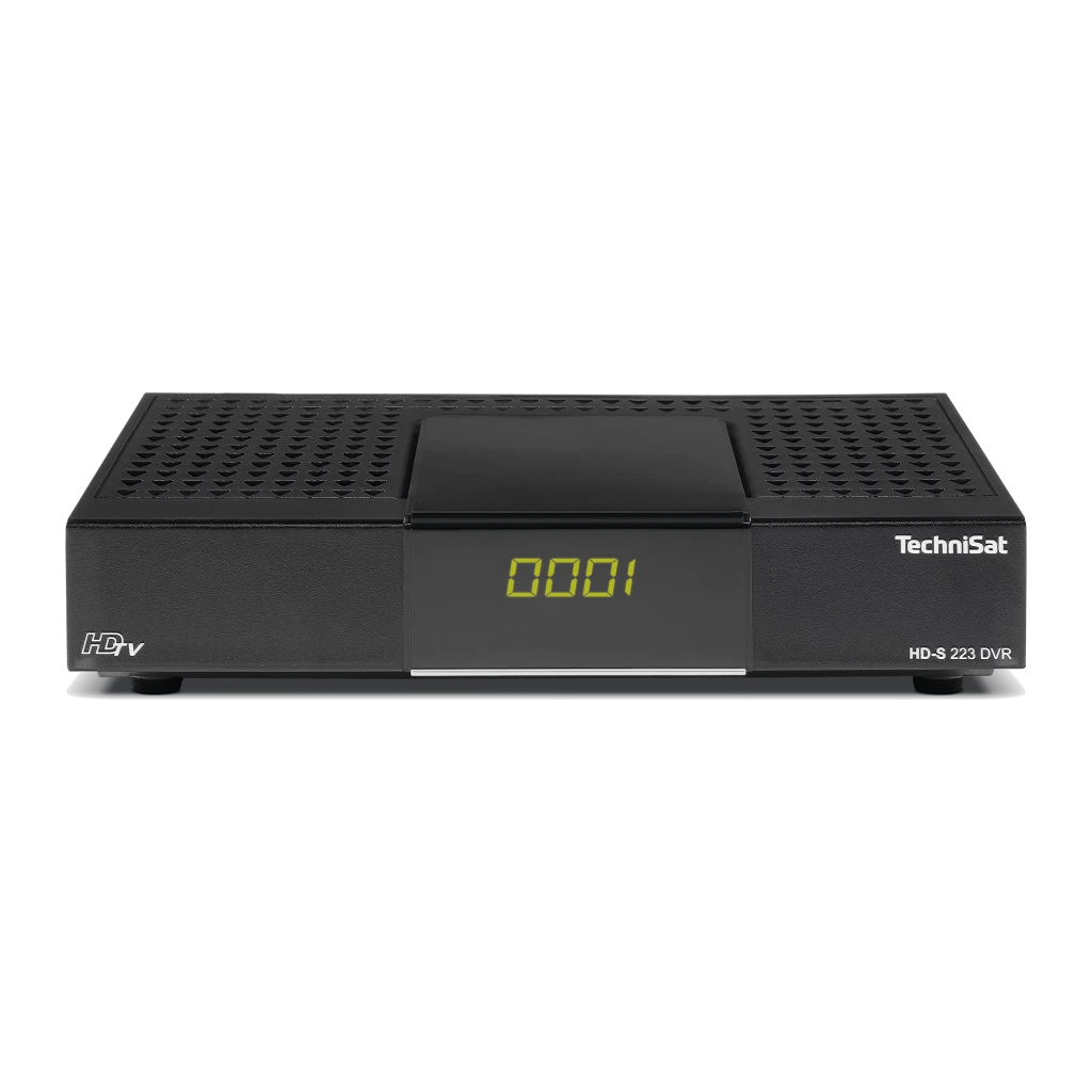 Receptor TechniSat HD-S 223 DVR Full HD Satélite HDMI USB, detalle frontal: display LED verde, rejilla ventilación y logo