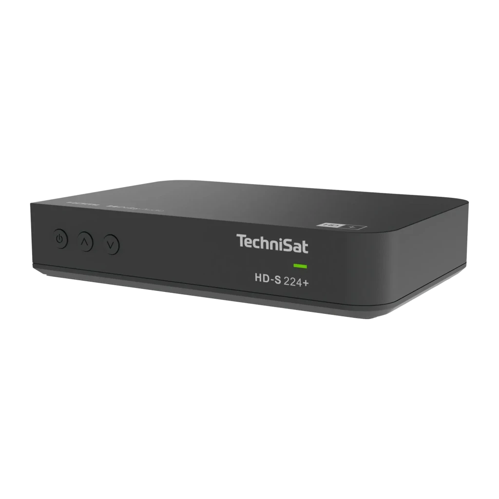 Receptor TechniSat HD-S 224+ DVB-S2 HD 1080p Satélite negro, vista frontal en ángulo: panel con botones y LED verde