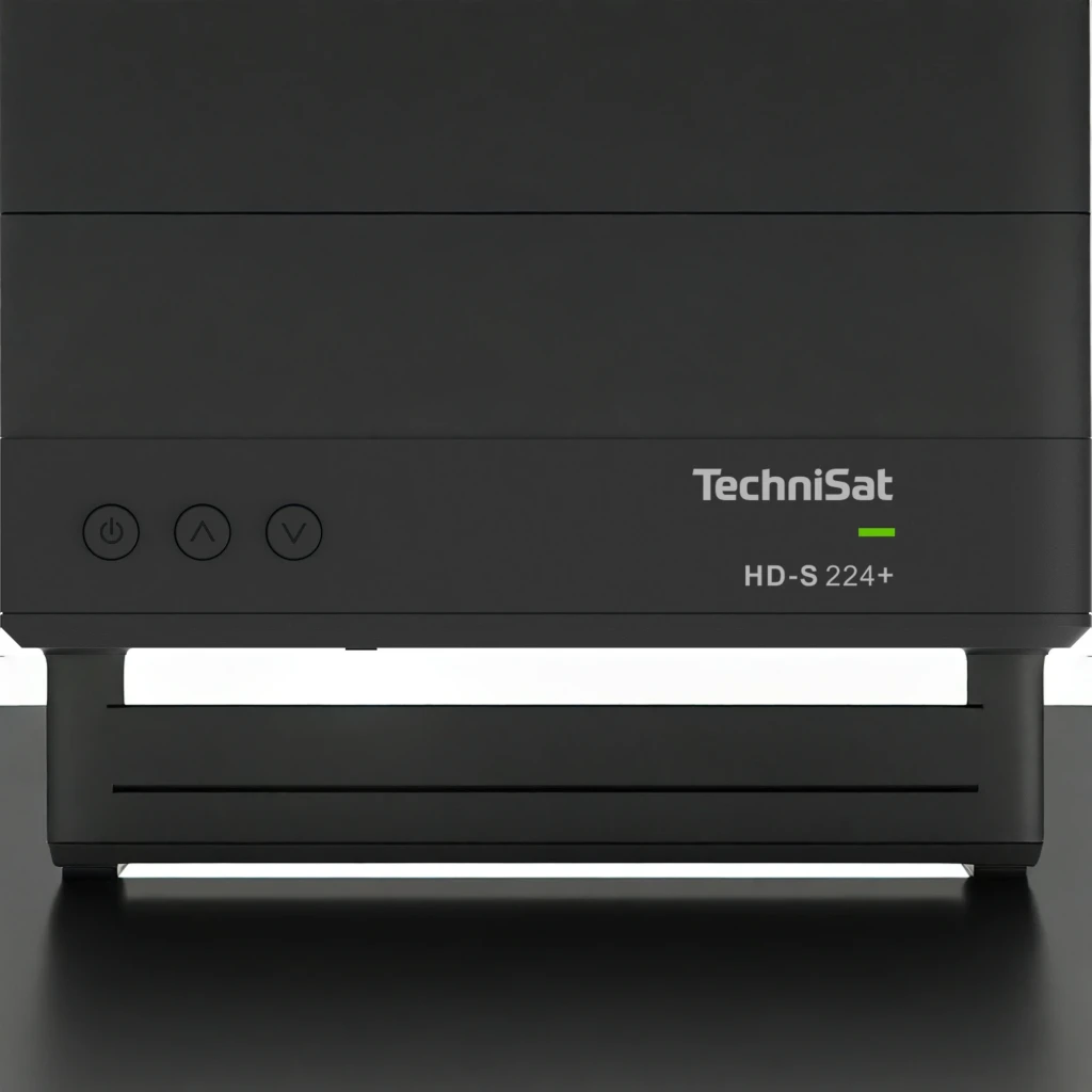 Receptor TechniSat HD-S 224+ DVB-S2 HD 1080p Satélite, en uso: panel frontal negro con logo, LED verde encendido y botones