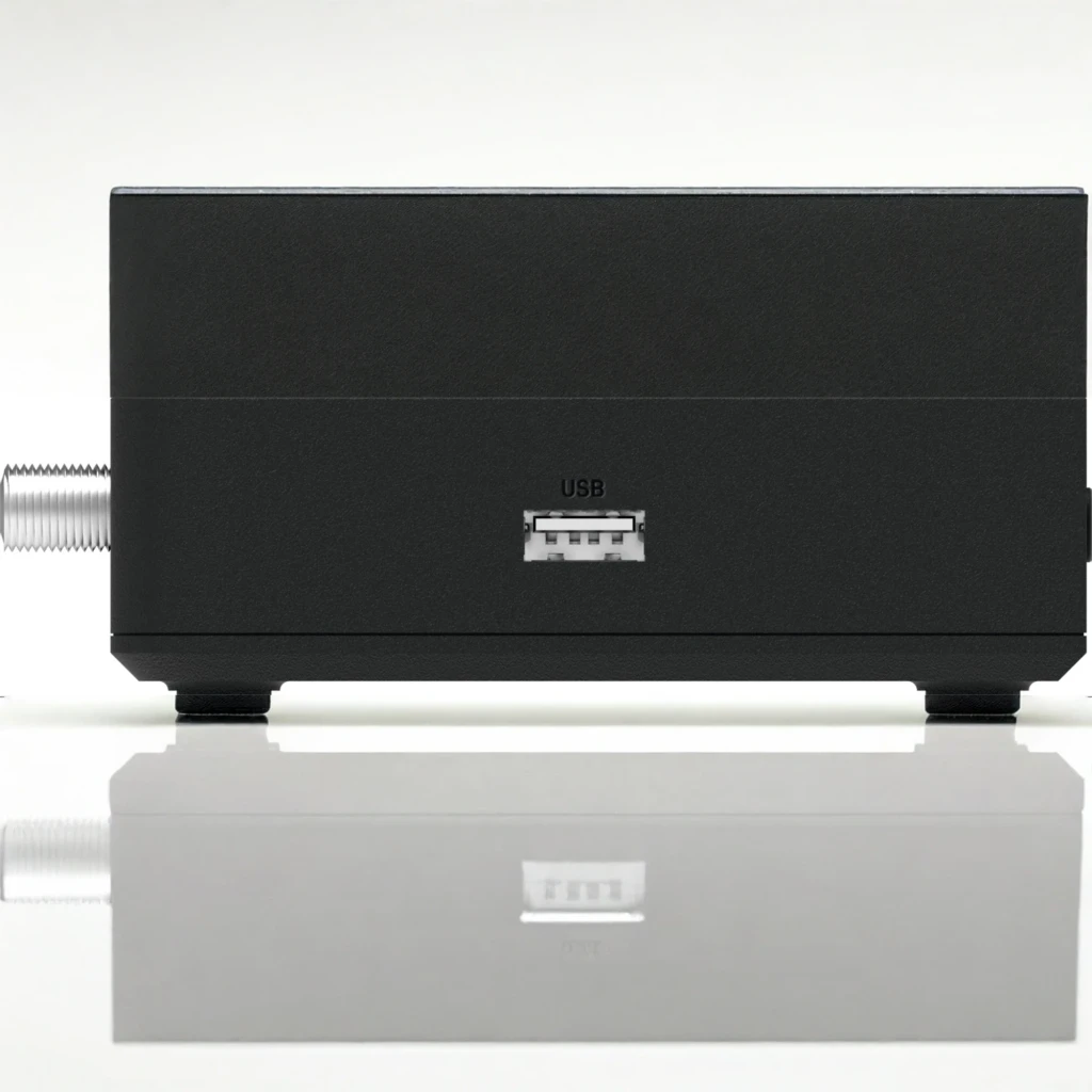 Receptor TechniSat HD-S 224+ DVB-S2 HD 1080p Satélite, en uso lateral: puerto USB frontal y conector de antena F visibles