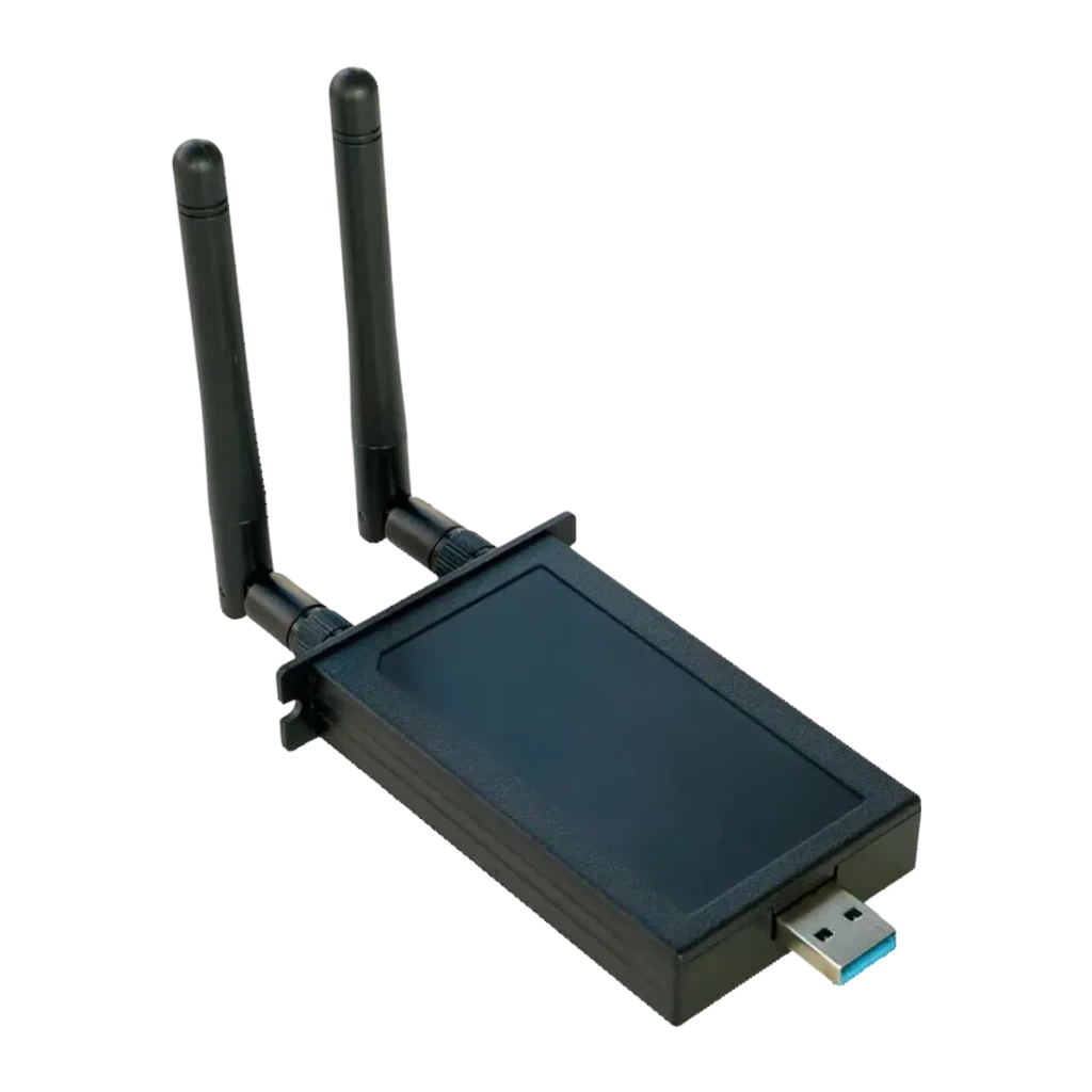 Adaptateur Philips CRD22 WiFi 6 Bluetooth sans fil, vue de face: corps noir avec deux antennes et connecteur USB-A bleu