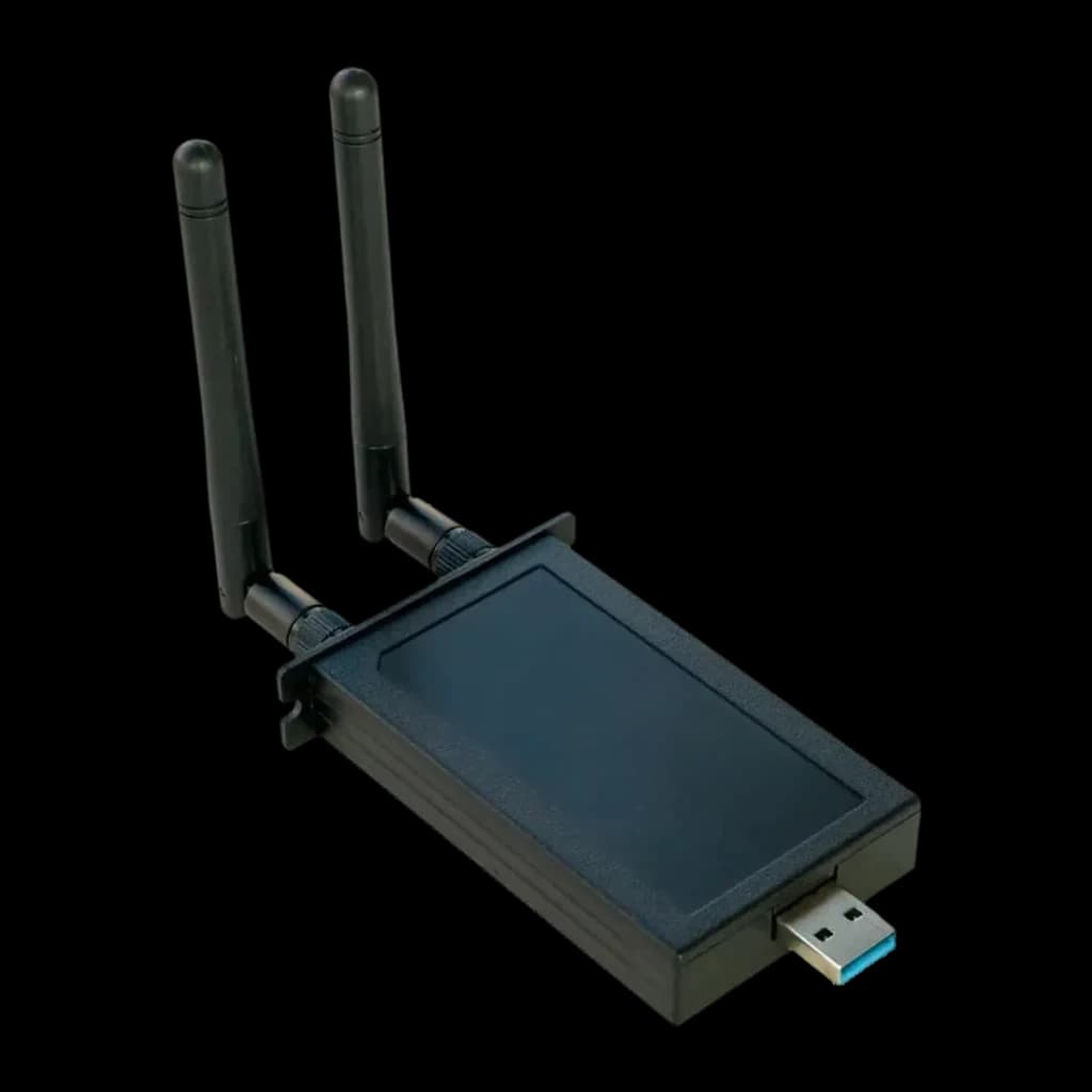 Adaptateur Philips CRD22 WiFi 6 Bluetooth sans fil, vue de face: corps noir avec deux antennes et connecteur USB-A bleu