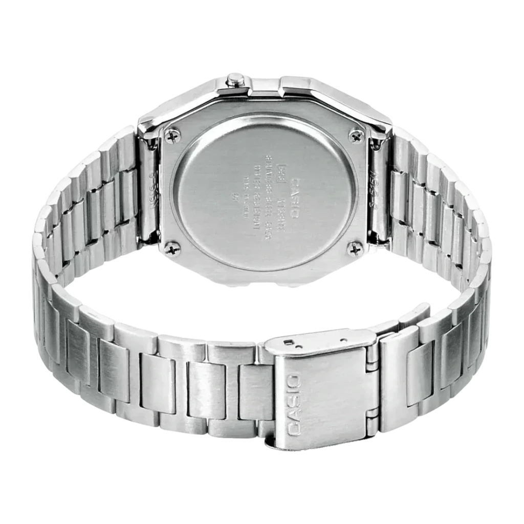Casio Vintage A158WEA-1EF Unissexo Preto Cronómetro Alarme LED Bateria 7 Anos Prata, vista traseira: tampa metálica gravada
