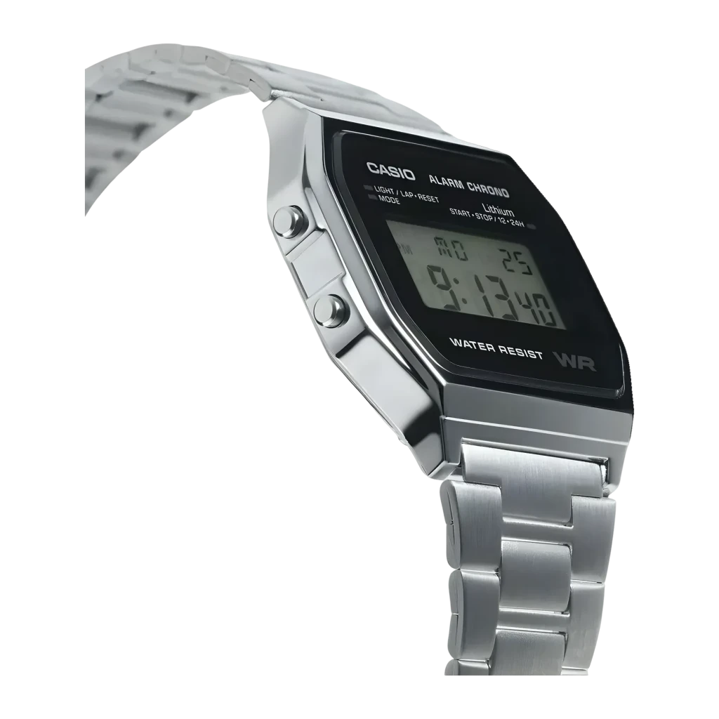 Casio Vintage A158WEA-1EF Unissexo Preto Cronómetro Alarme LED Bateria 7 Anos Prata, detalhe: vista lateral em ângulo baixo