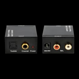 Conversor de Áudio Delock 62444 DAC Digital para Analógico, detalhe: faces traseira e frontal com portas Toslink, coaxial