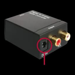 Conversor de Áudio Delock 62444 DAC Digital para Analógico, vista traseira: saídas RCA douradas R/L e entrada DC 5V
