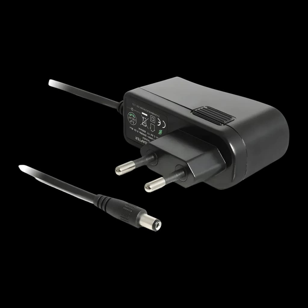 Conversor de Áudio Delock 62444 DAC Digital para Analógico, detalhe: adaptador de alimentação preto com ficha EU e cabo