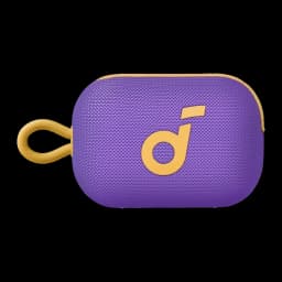 Enceinte portable Soundcore Select 4 Go IP67 5W 20h Pourpre, détail face avant: tissu violet avec logo doré et dragonne jaune