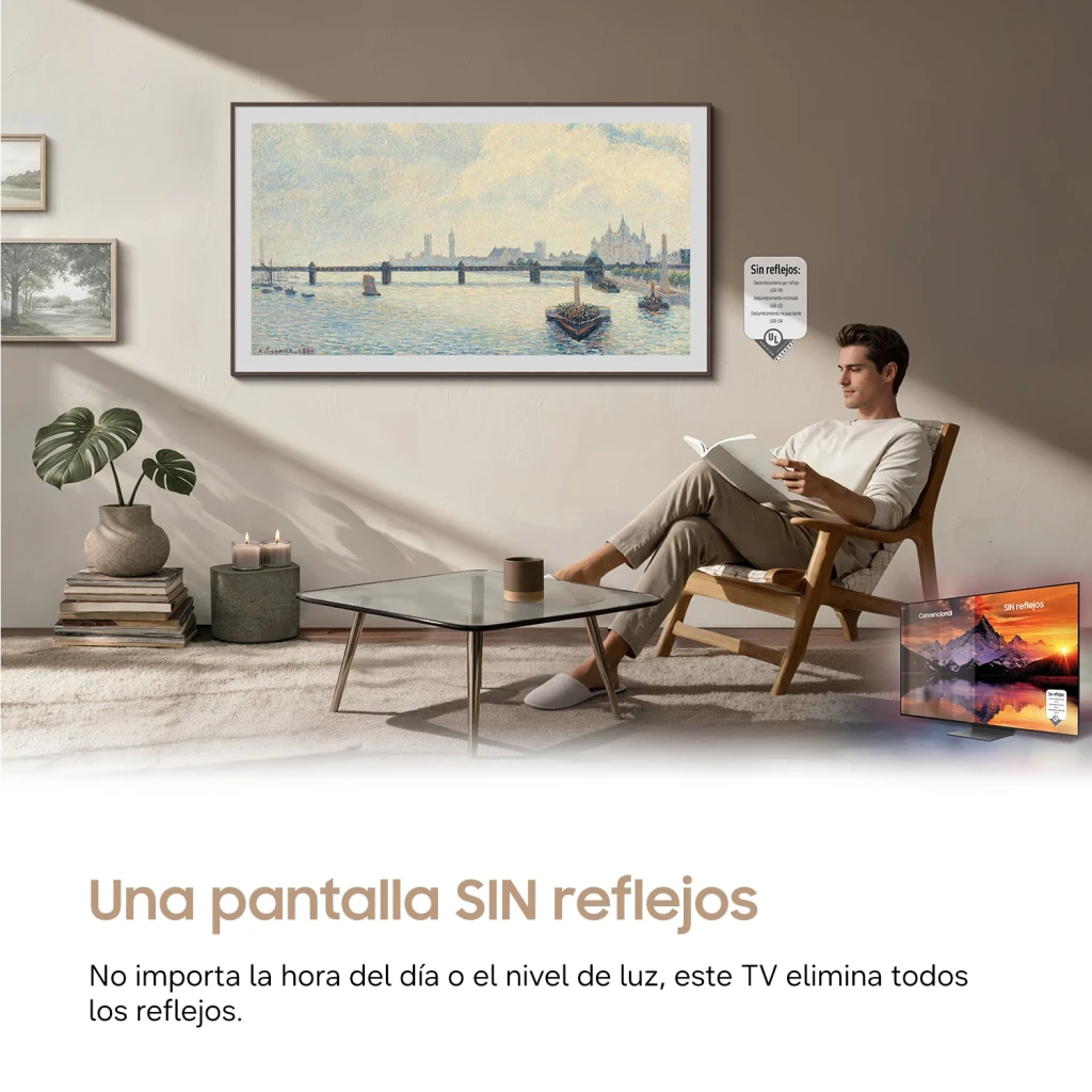 TV Samsung The Frame 43 pulgadas QLED 4K Negro TQ43LS03H, lifestyle: montada en pared mostrando obra de arte sin reflejos
