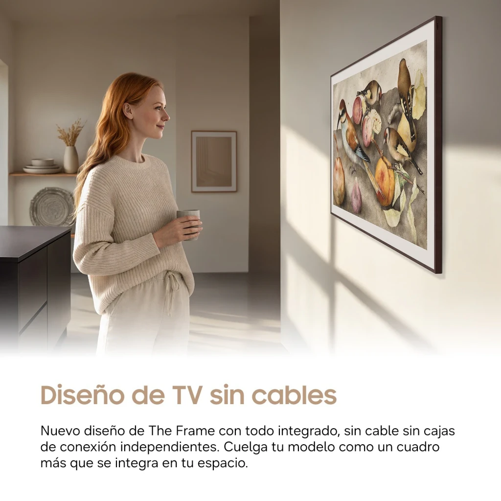 TV Samsung The Frame 43 pulgadas QLED 4K Negro TQ43LS03H, lifestyle: mujer contemplando el TV colgado en pared como cuadro