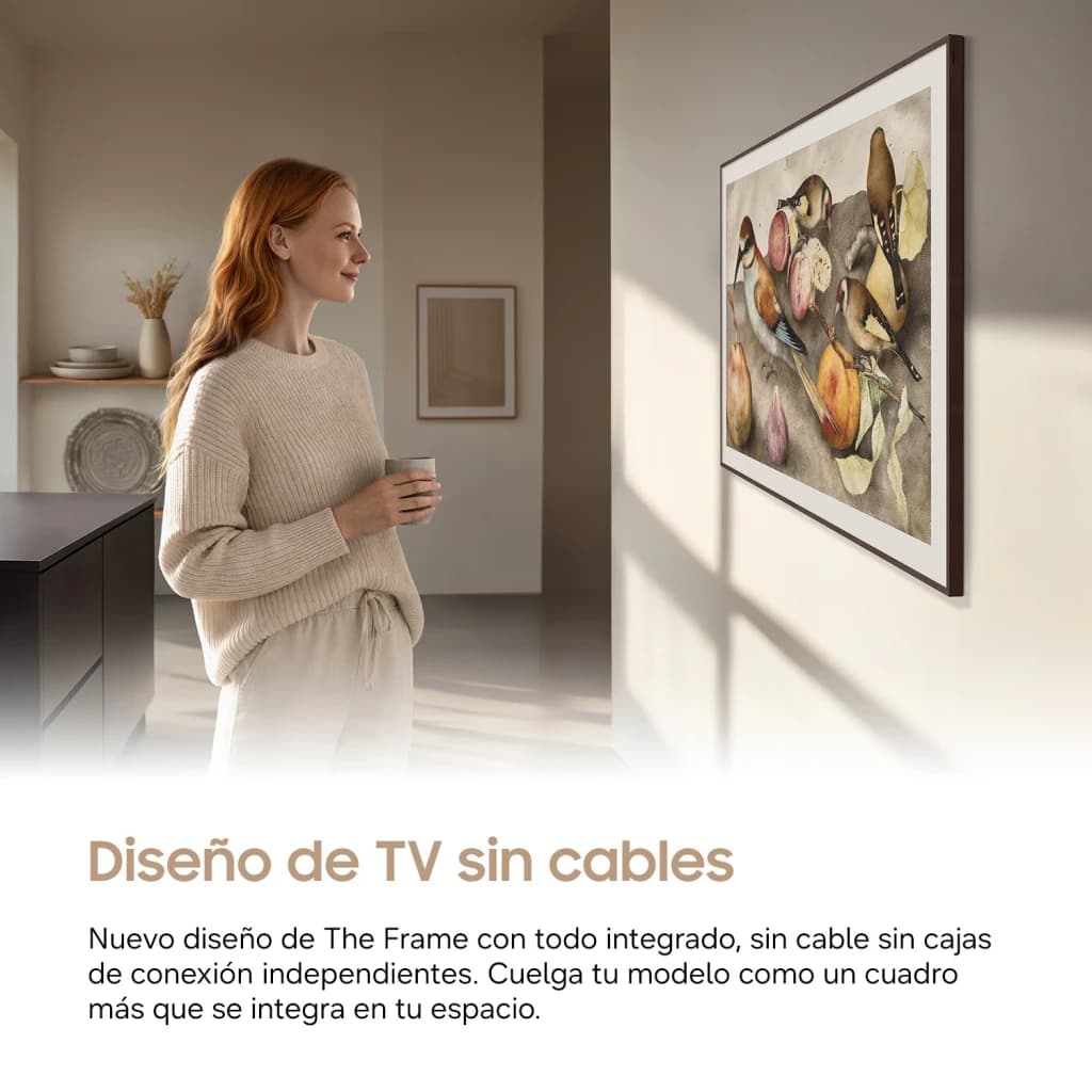 TV Samsung The Frame 43 pulgadas QLED 4K Negro TQ43LS03H, lifestyle: mujer contemplando el TV colgado en pared como cuadro