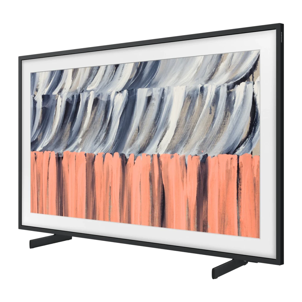 TV Samsung The Frame 43 pulgadas QLED 4K Negro TQ43LS03H, vista lateral: marco negro con pintura abstracta en pantalla