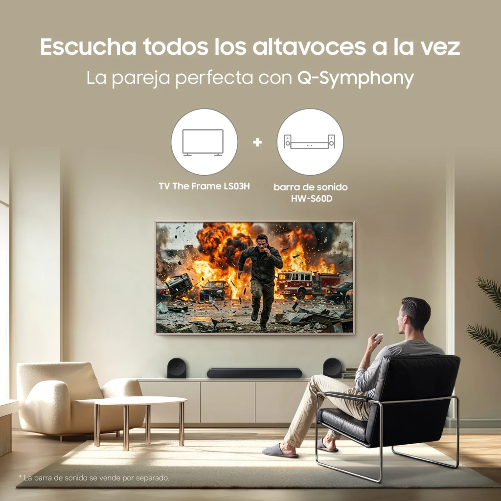 TV Samsung The Frame 43 pulgadas QLED 4K Negro TQ43LS03H, lifestyle: montada en salón con soundbar HW-S60D y compatibilidad