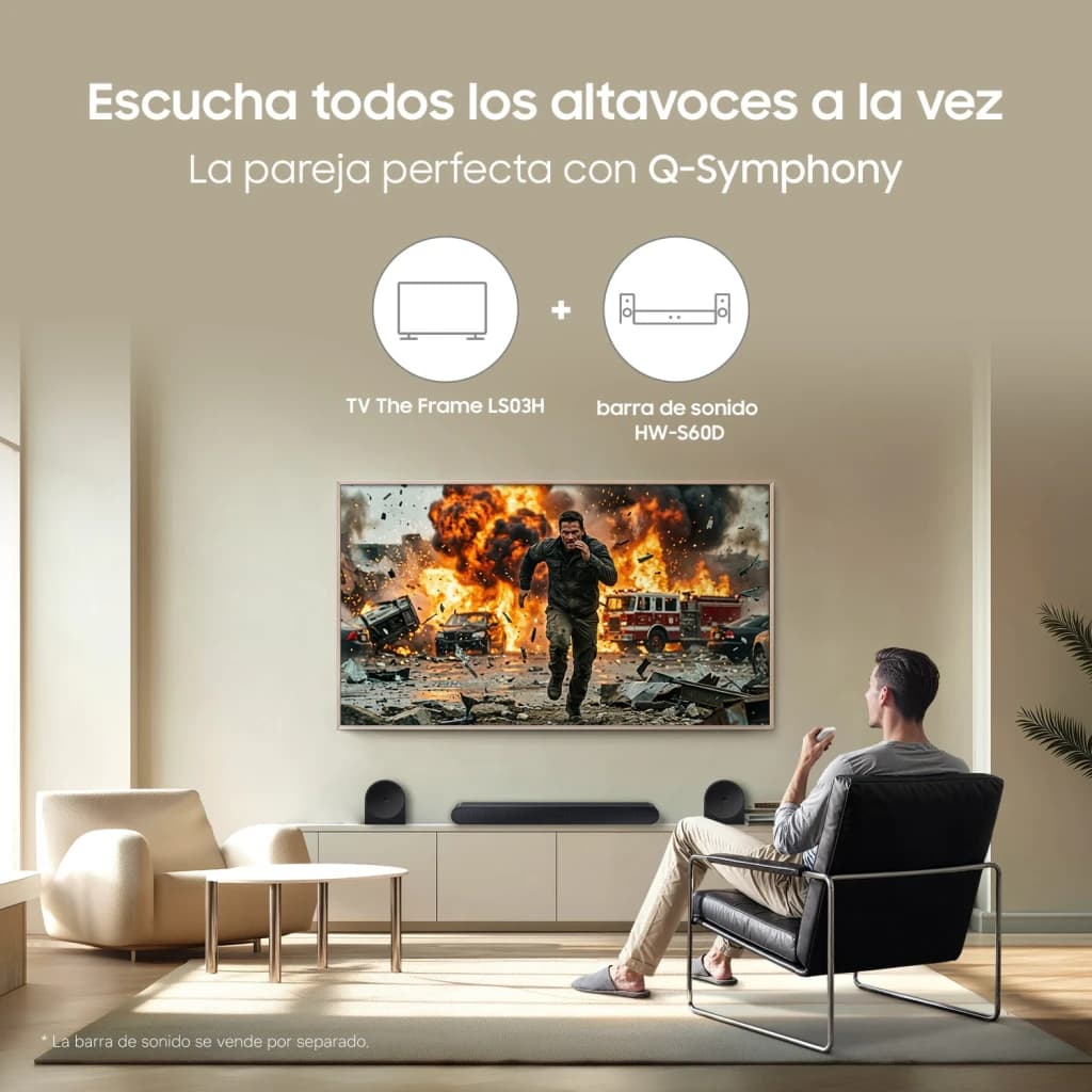 TV Samsung The Frame 43 pulgadas QLED 4K Negro TQ43LS03H, lifestyle: montada en salón con soundbar HW-S60D y compatibilidad