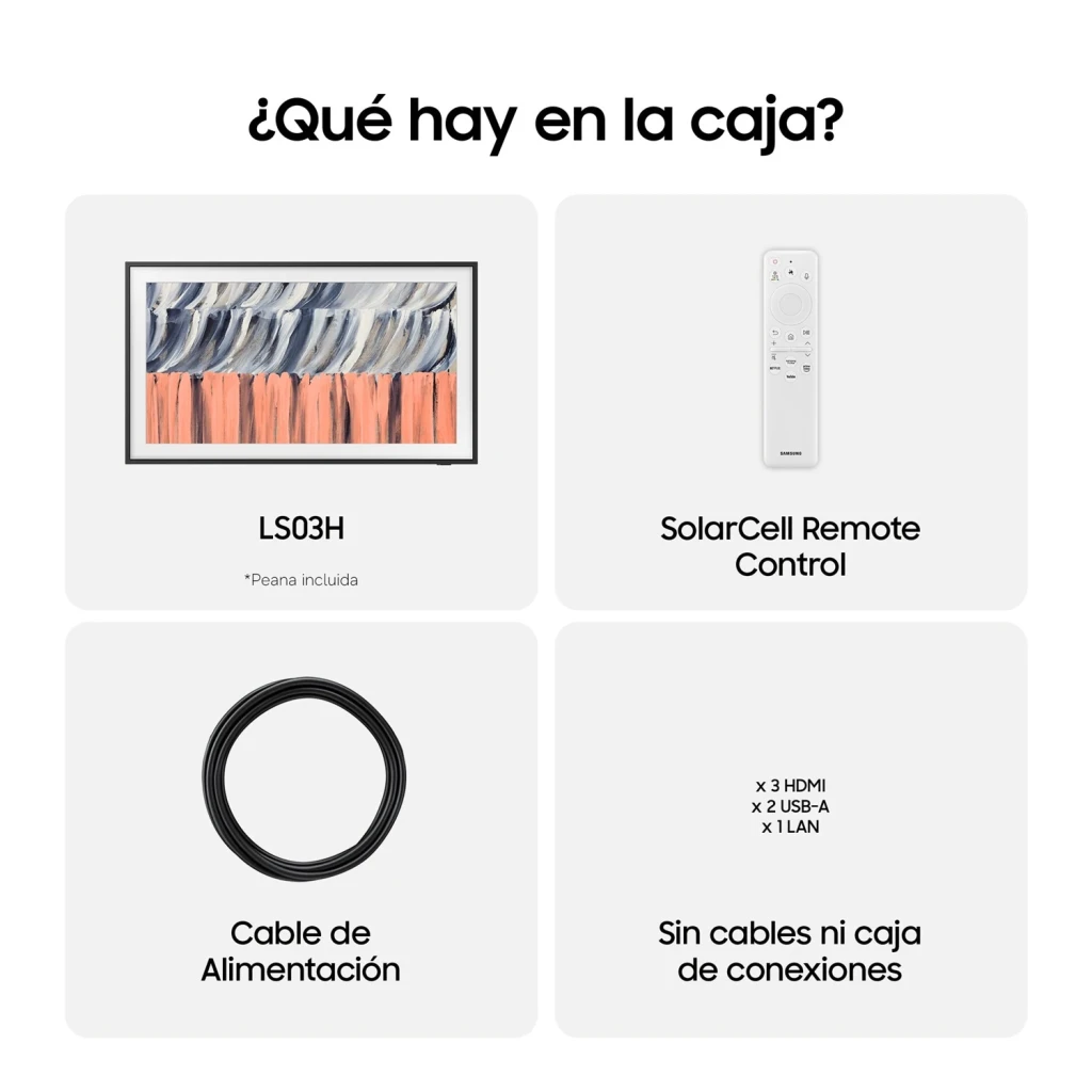 TV Samsung The Frame 43 pulgadas QLED 4K Negro TQ43LS03H, contenido de caja: TV con peana, mando SolarCell, cable