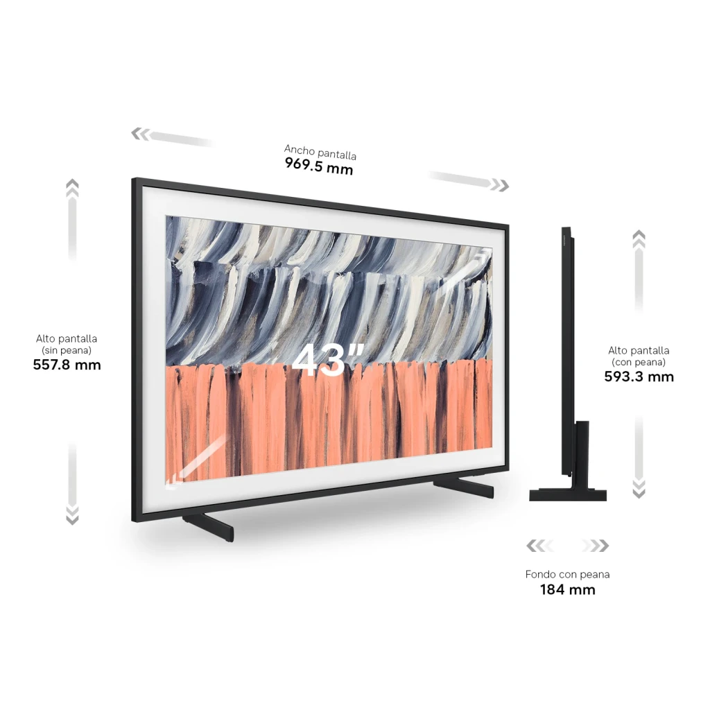 TV Samsung The Frame 43 pulgadas QLED 4K Negro TQ43LS03H, dimensiones: ancho 969,5 mm, alto 557,8 mm y perfil lateral