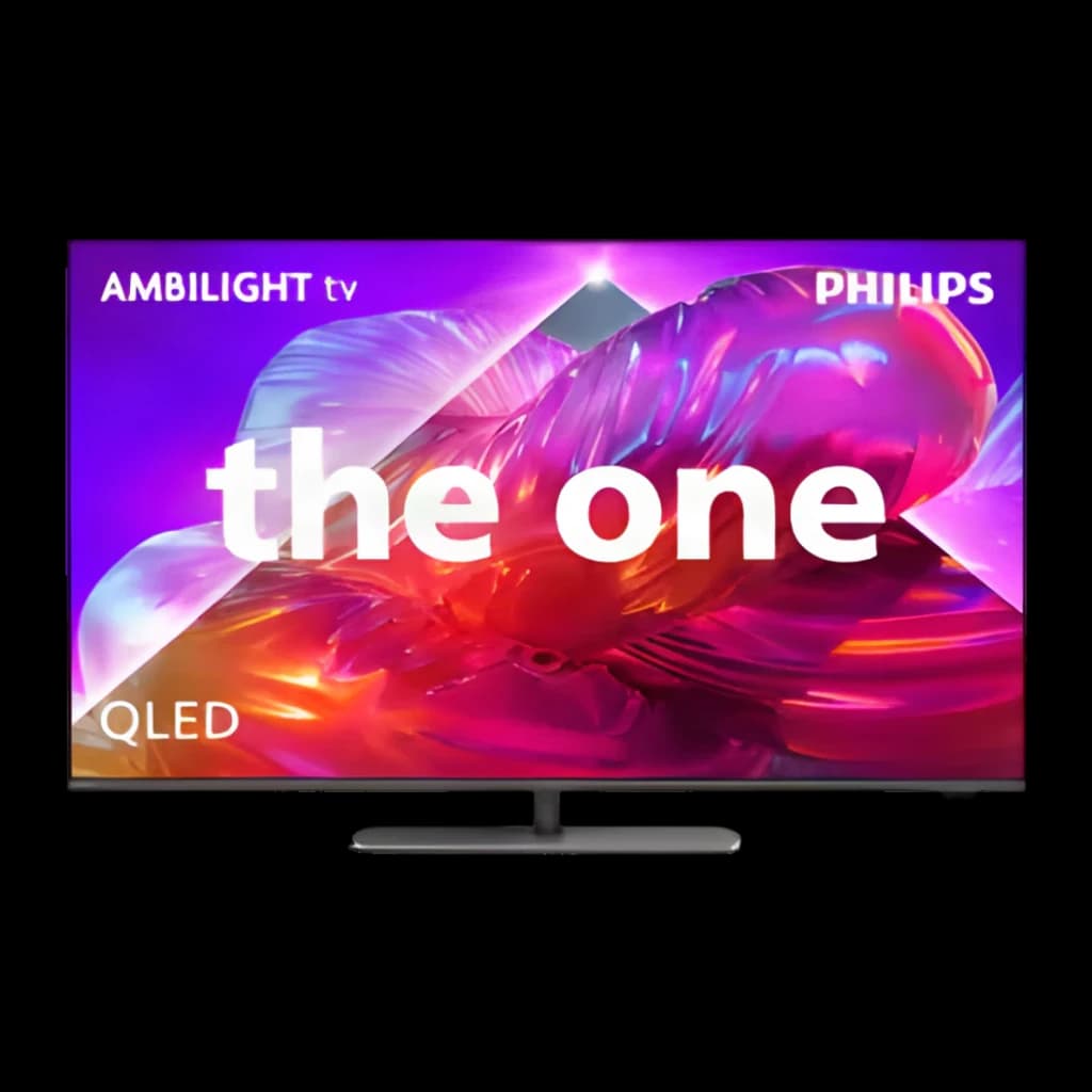 TV Philips 75 pouces QLED 120Hz 4K UHD Gris 75PQS9011, vue de face: écran allumé avec texte The One et logo Ambilight, pied