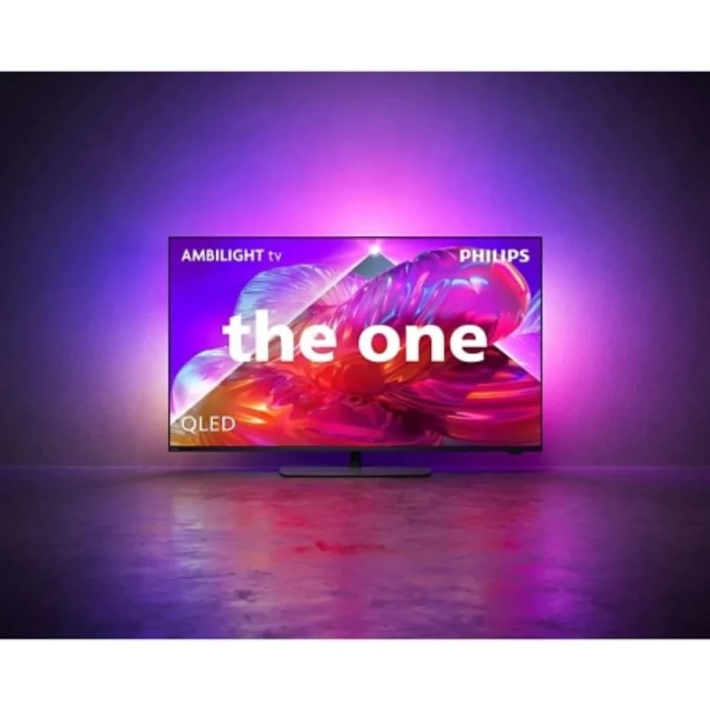 Philips 75PQS9011 75 pouces QLED, vue de face: Ambilight éclairant le mur avec des couleurs vives violet et rose