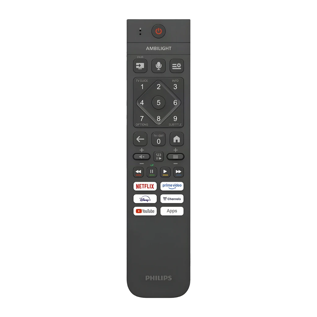 TV Philips 75 pouces QLED 120Hz 4K UHD Gris 75PQS9011, télécommande: vue de face avec touches Ambilight, Netflix, Prime