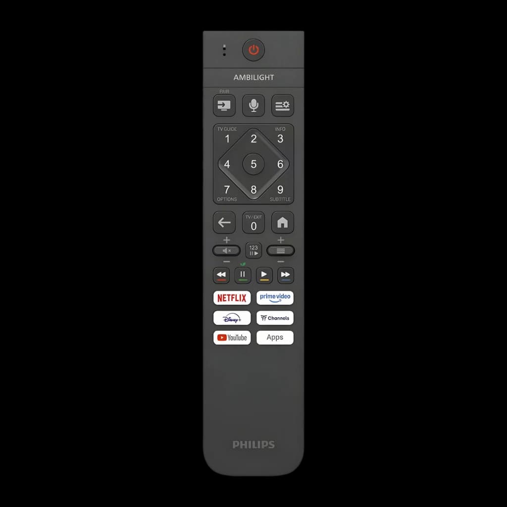 TV Philips 75 pouces QLED 120Hz 4K UHD Gris 75PQS9011, télécommande: vue de face avec touches Ambilight, Netflix, Prime