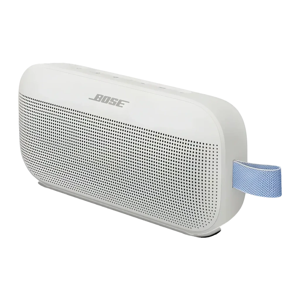 Enceinte portable Bose SoundLink Flex 2e Génération IP67 12h Bluetooth 5.3 Gris, vue en angle: grille avant, logo Bose