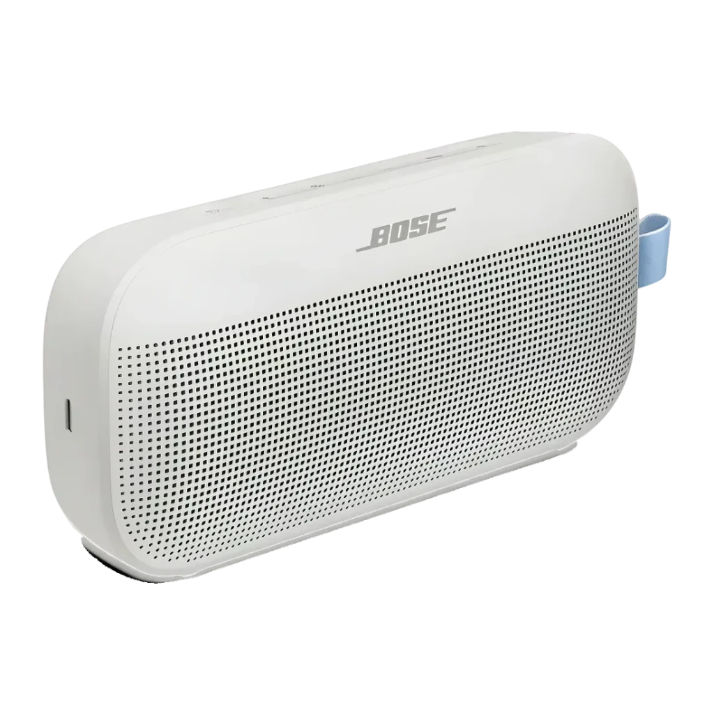 Enceinte portable Bose SoundLink Flex 2e Génération IP67 12h Bluetooth 5.3 Gris, vue en angle: grille avant, logo Bose