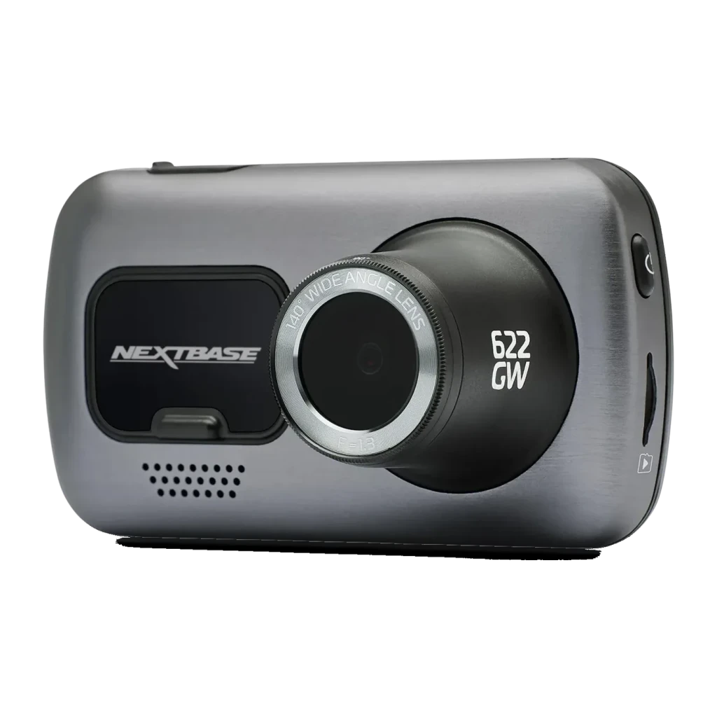 Dashcam Nextbase 622GW 4K Gris 1CH UHD GPS, vue avant: objectif grand angle 140°, logo Nextbase et référence 622GW visibles