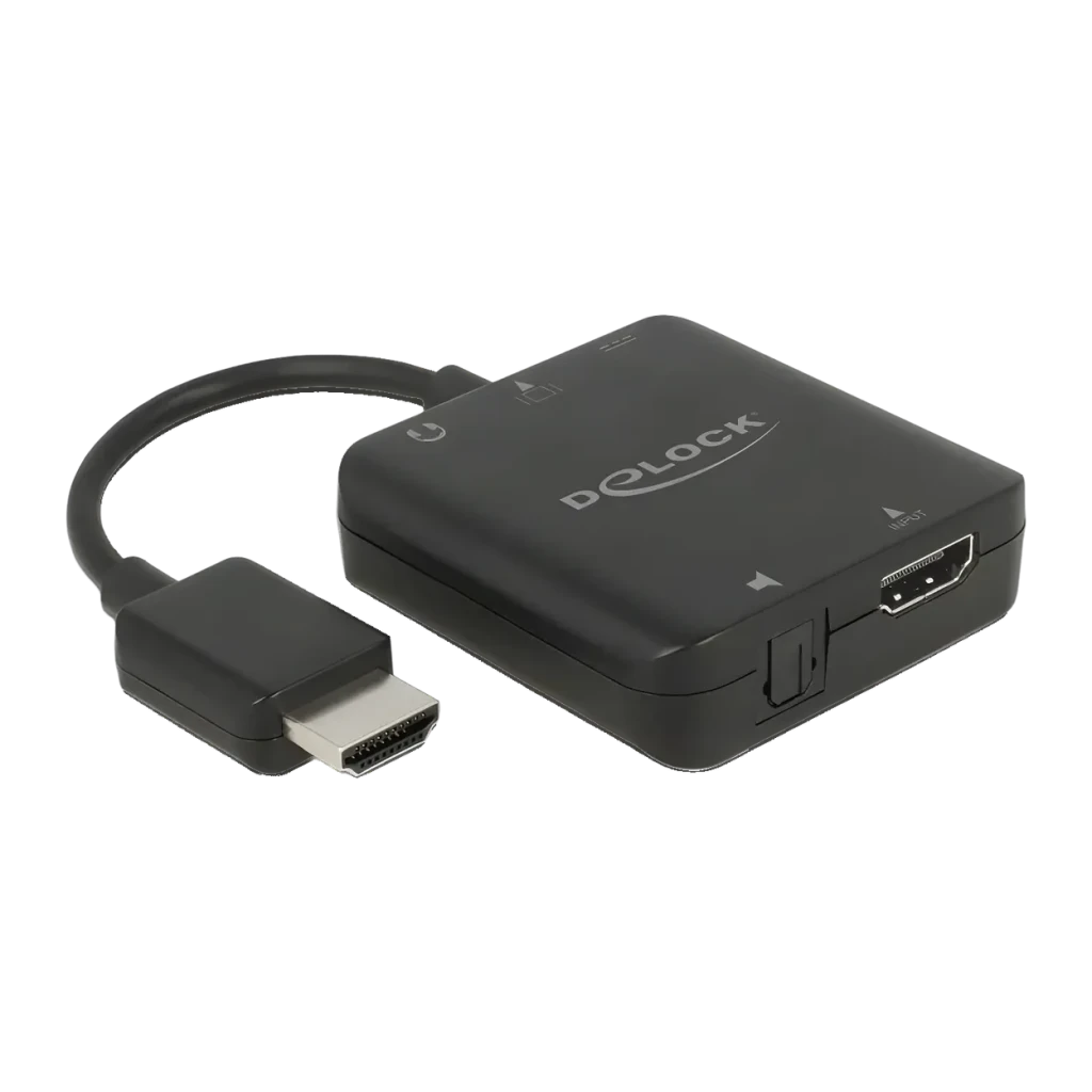 Extracteur audio Delock 63333 4K 60Hz HDMI + TOSLINK + Jack 3,5mm, vue en perspective: connecteur HDMI, port HDMI de sortie