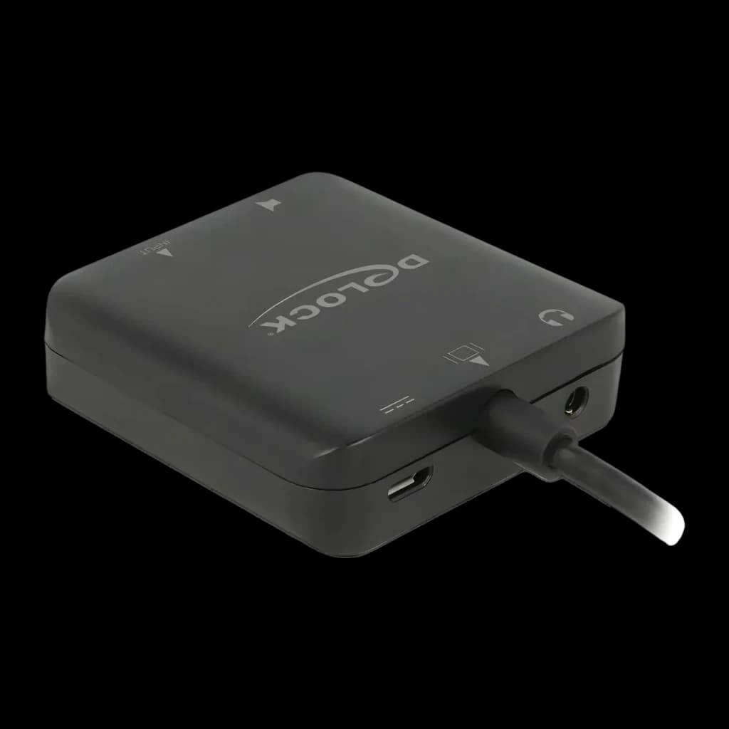 Extracteur audio Delock 63333 4K 60Hz HDMI + TOSLINK + Jack 3,5mm, vue en perspective: boîtier noir avec logo, port micro