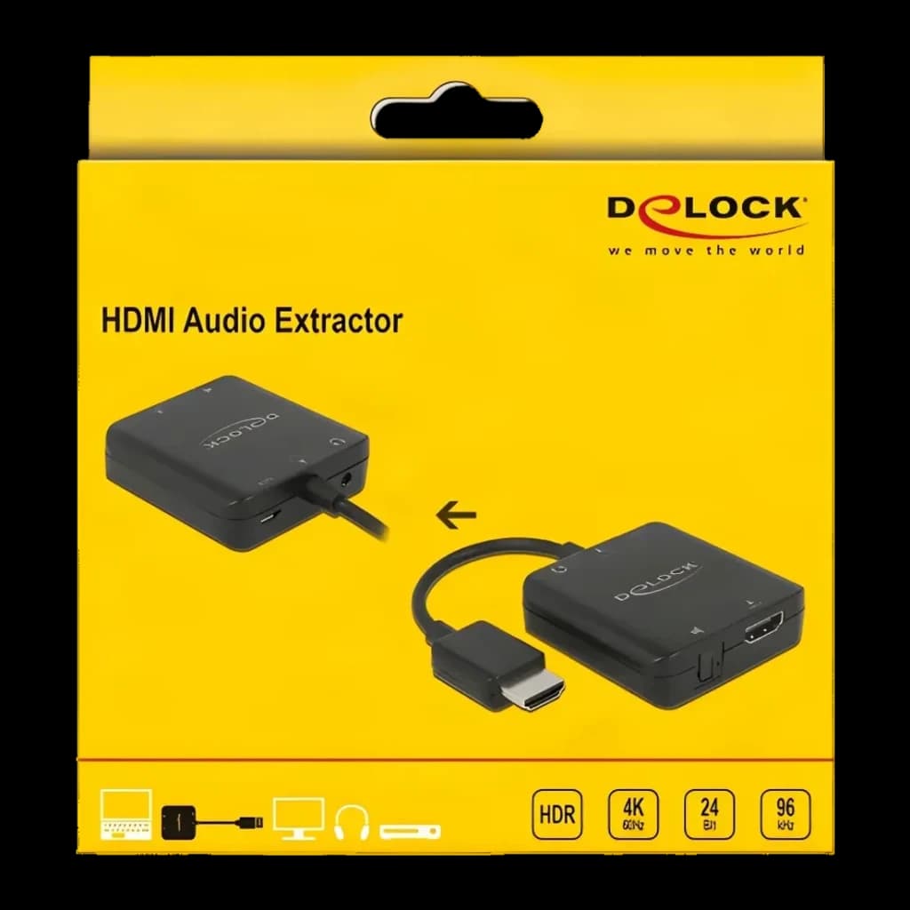 Extracteur audio Delock 63333 4K 60Hz HDMI + TOSLINK + Jack 3,5mm, boîte: emballage jaune avec vues avant et arrière