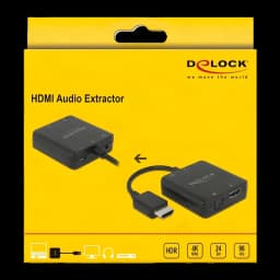 Extracteur audio Delock 63333 4K 60Hz HDMI + TOSLINK + Jack 3,5mm, boîte: emballage jaune avec vues avant et arrière