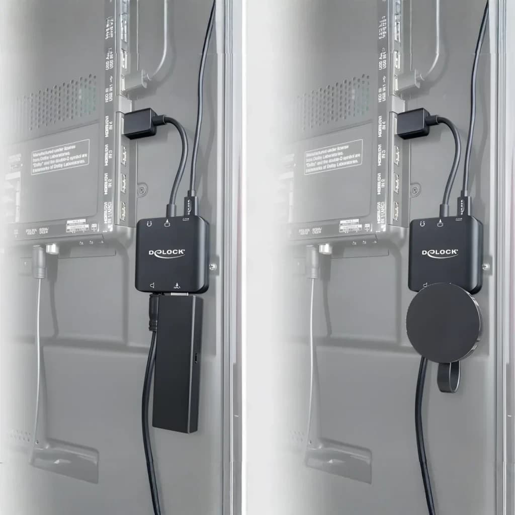 Extracteur audio Delock 63333 4K 60Hz HDMI + TOSLINK + Jack 3,5mm, en utilisation: fixé derrière TV avec câbles HDMI et clé