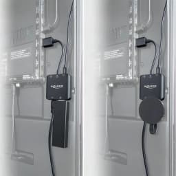 Extracteur audio Delock 63333 4K 60Hz HDMI + TOSLINK + Jack 3,5mm, en utilisation: fixé derrière TV avec câbles HDMI et clé