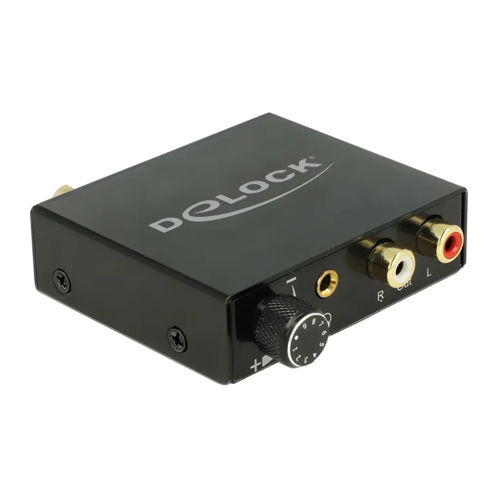 Conversor de Audio Delock 63972 DAC Digital a Analógico 192kHz Hi-Res, vista en ángulo: caja negra con logo, dial de volumen