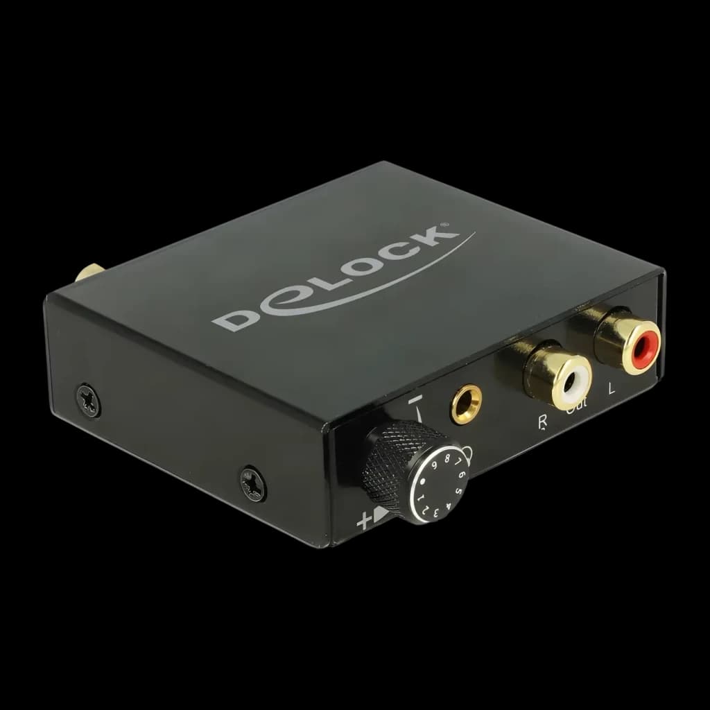 Conversor de Áudio Delock 63972 DAC Digital para Analógico 192kHz Hi-Res, vista em ângulo: caixa preta com logo, dial