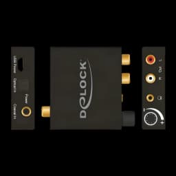 Conversor de Audio Delock 63972 DAC Digital a Analógico 192kHz Hi-Res, tres vistas: frontal con logo, lateral izquierdo