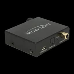 Conversor de Audio Delock 63972 DAC Digital a Analógico 192kHz Hi-Res, vista trasera-lateral: puertos USB Power, Optical