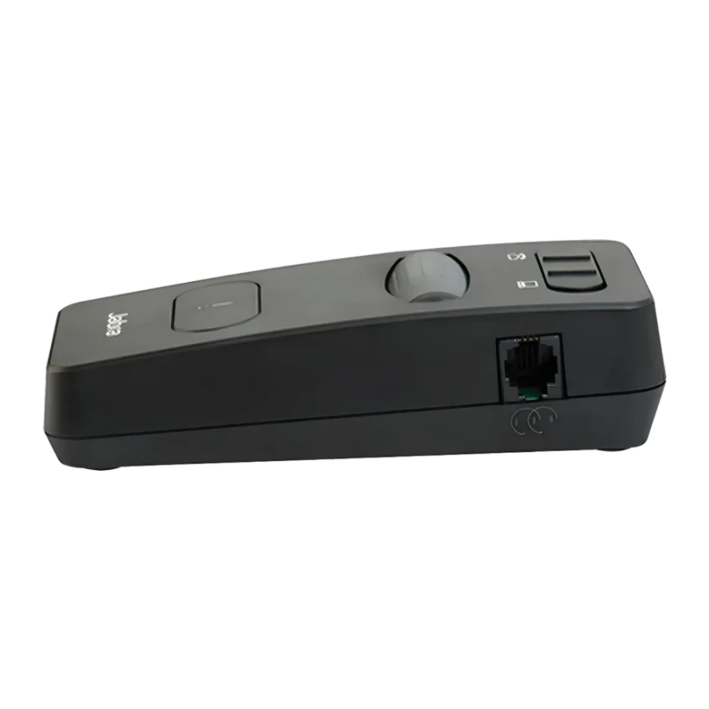 Jabra Link 860 Amplificador USB + Telefone de secretária, vista lateral: corpo cinzento escuro com roda de volume, botões