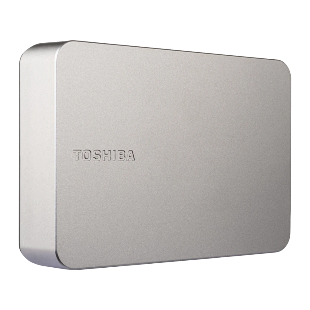 Disco duro externo Toshiba Canvio Flex 4TB USB 3.2 Gen 1 Plata, vista en ángulo: carcasa metálica con logo Toshiba en relieve