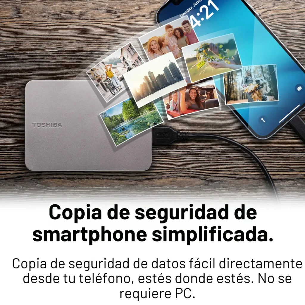 Disco duro externo Toshiba Canvio Flex 4TB USB 3.2 Gen 1 Plata, uso: conectado a smartphone transfiriendo fotos