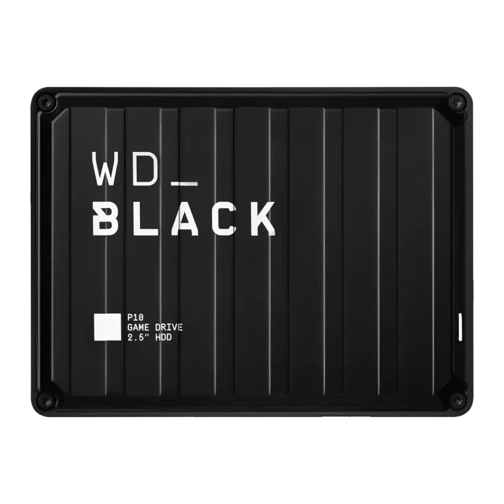 Disque dur externe WD Black P10 Game Drive 6 To USB 3.0, vue de face: surface striée noire avec logo WD_ BLACK et étiquette