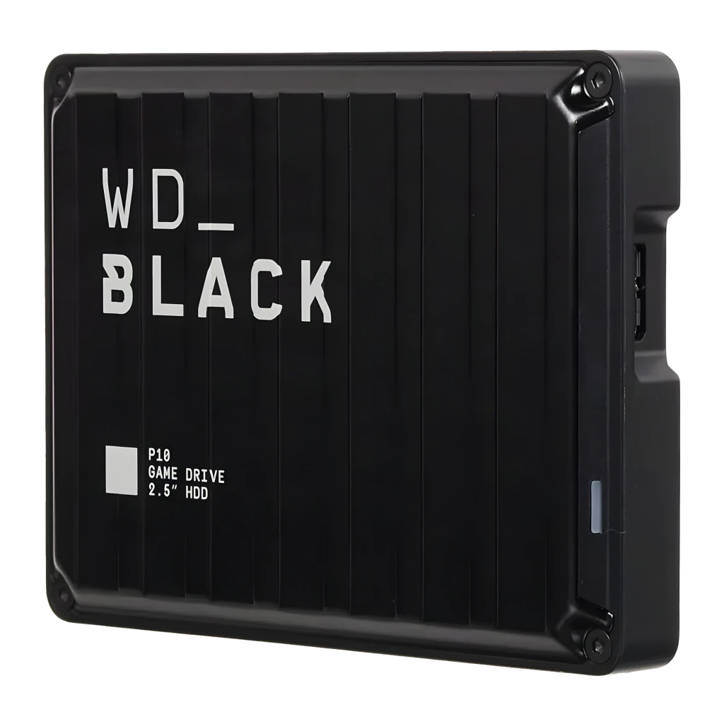Disque dur externe WD Black P10 Game Drive 6 To USB 3.0, vue en angle: boîtier noir strié, logo WD_ BLACK et port USB