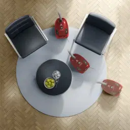 Aspirateur avec sac Electrolux Noir/Rouge 800W EPF61RR, vue aérienne: trois unités sur tapis rond dans salon avec parquet